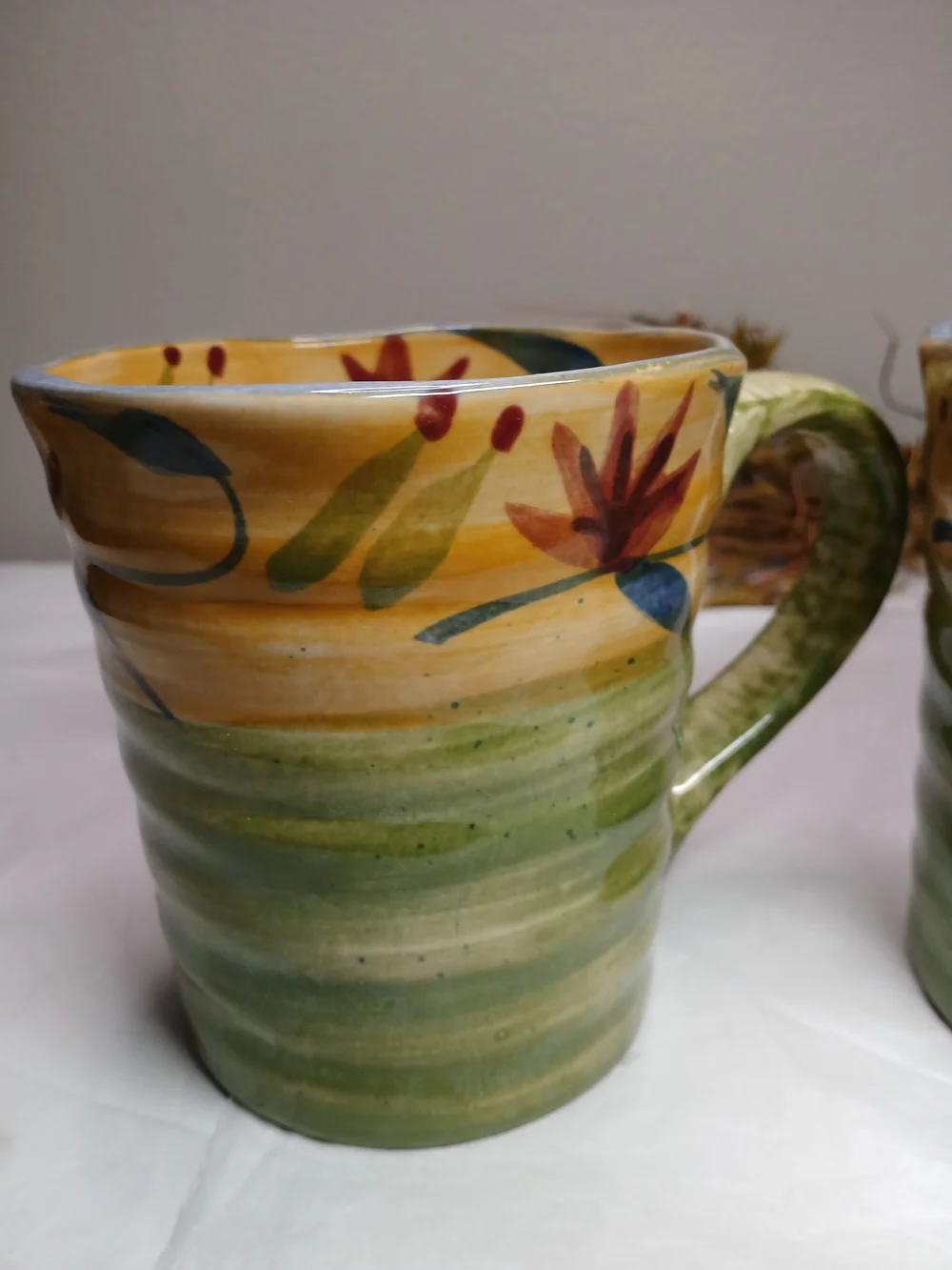 2 Pier 1 Hand-Painted Ceramic Mugs in Yellow, Green and Blue Elizabeth Style